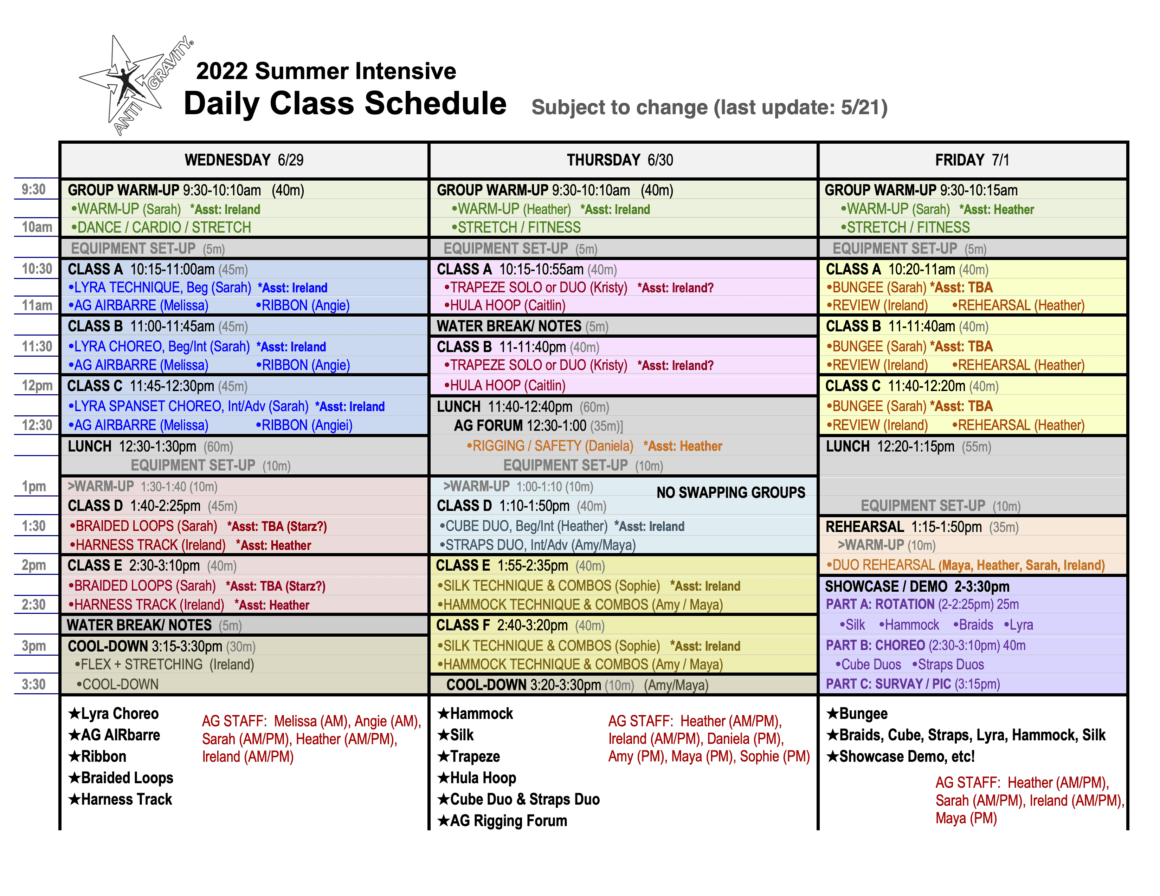 Daily Schedule for 2022 Summer Intensive