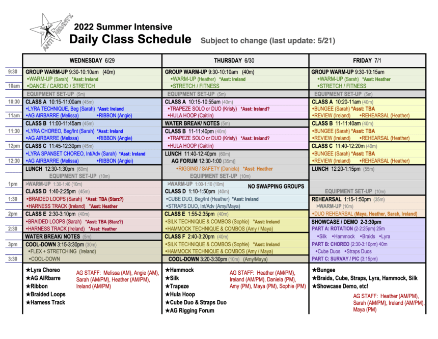 Daily Schedule for 2022 Summer Intensive
